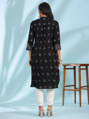 Black Ethnic Motif Printed Rayon Calf Length Straight Kurta With Kaudis Kantha Work & Sequins-S4284BLACK