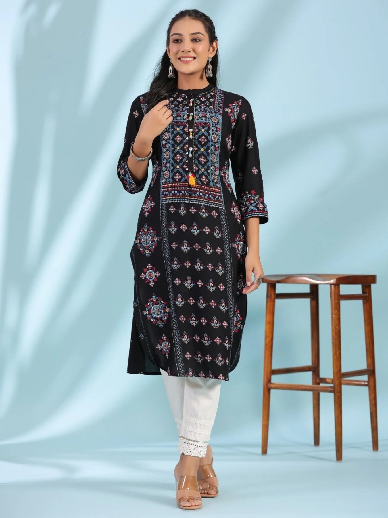 Black Printed Rayon Kurta | Indian Kurta for Women