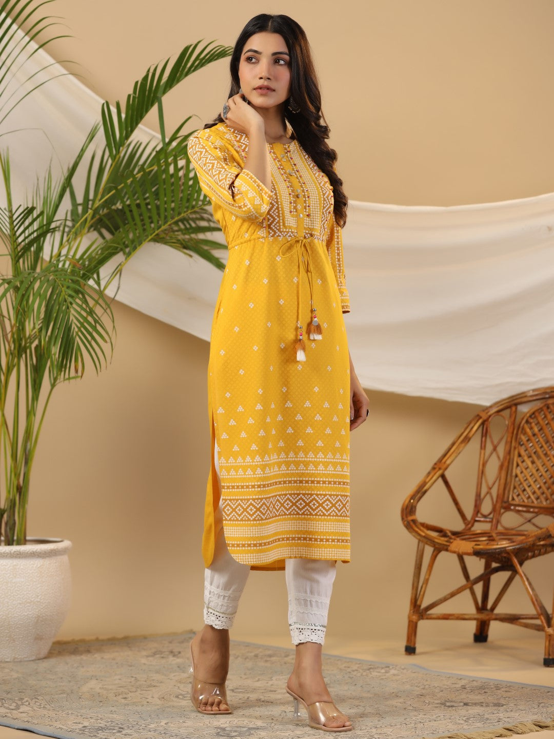 The Madhubala Women Mustard Geometric Printed Rayon Kurta With Contras