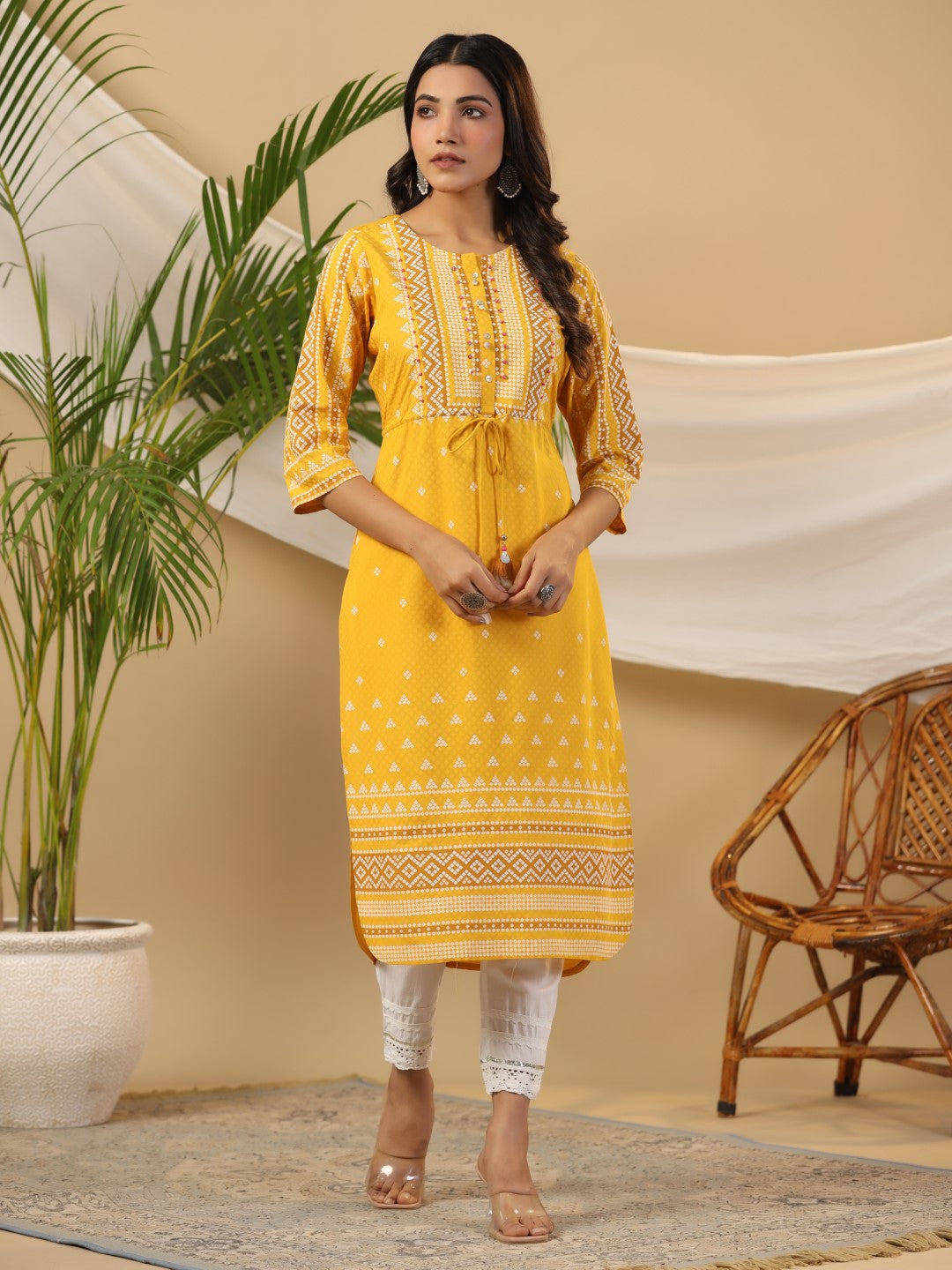 The Madhubala Women Mustard Geometric Printed Rayon Kurta With Contras