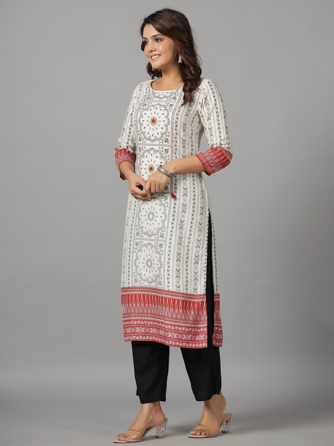 White Ethnic Motif Printed Rayon Slub Kurta With Beads & Sequins | Des