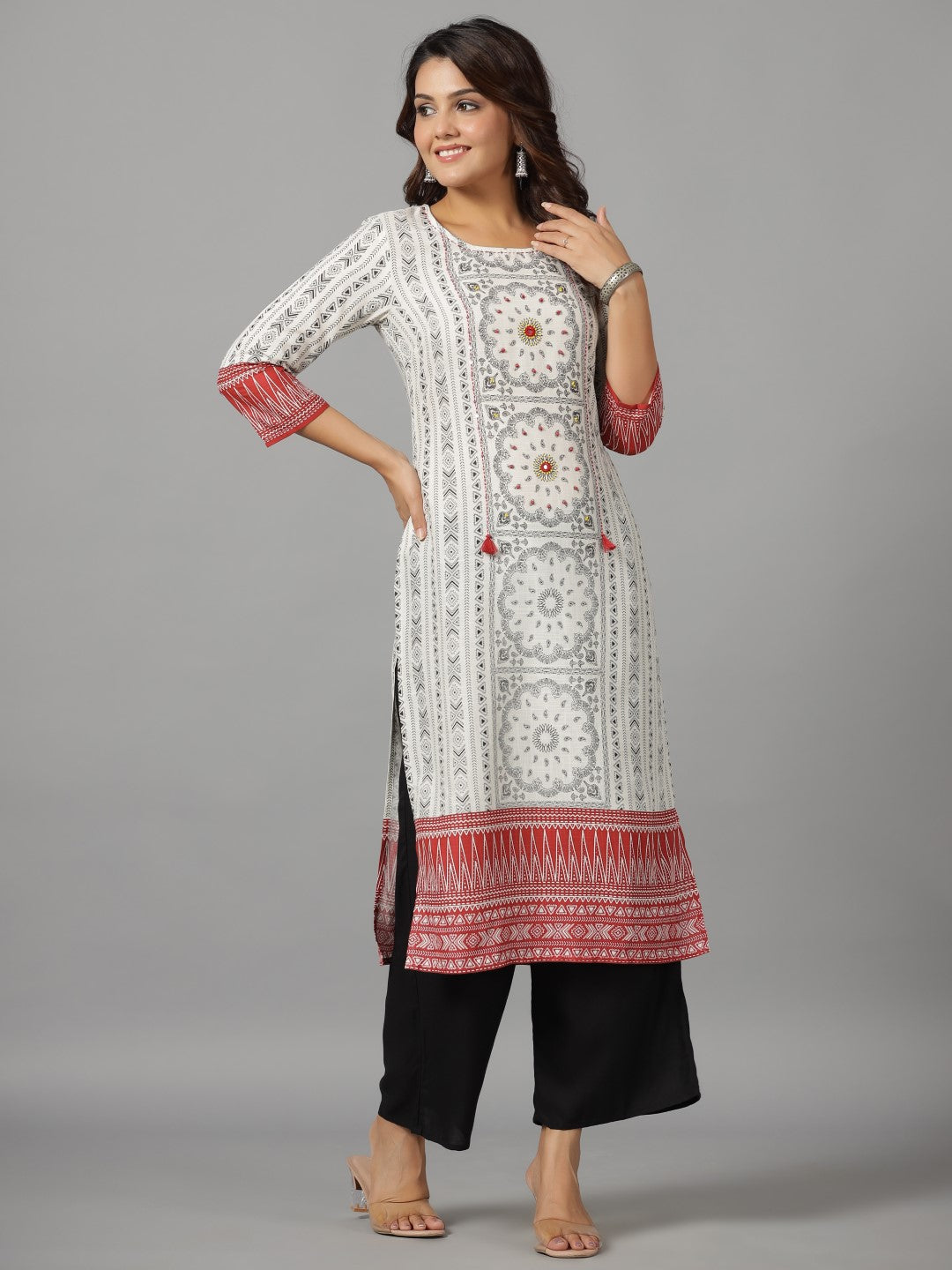 White Ethnic Motif Printed Rayon Slub Kurta With Beads & Sequins | Des