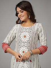 Juniper White Ethnic Motif Printed Rayon Slub Kurta With Beads & Sequins
