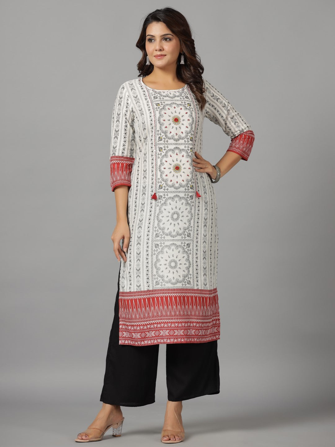 White Ethnic Motif Printed Rayon Slub Kurta With Beads & Sequins | Des