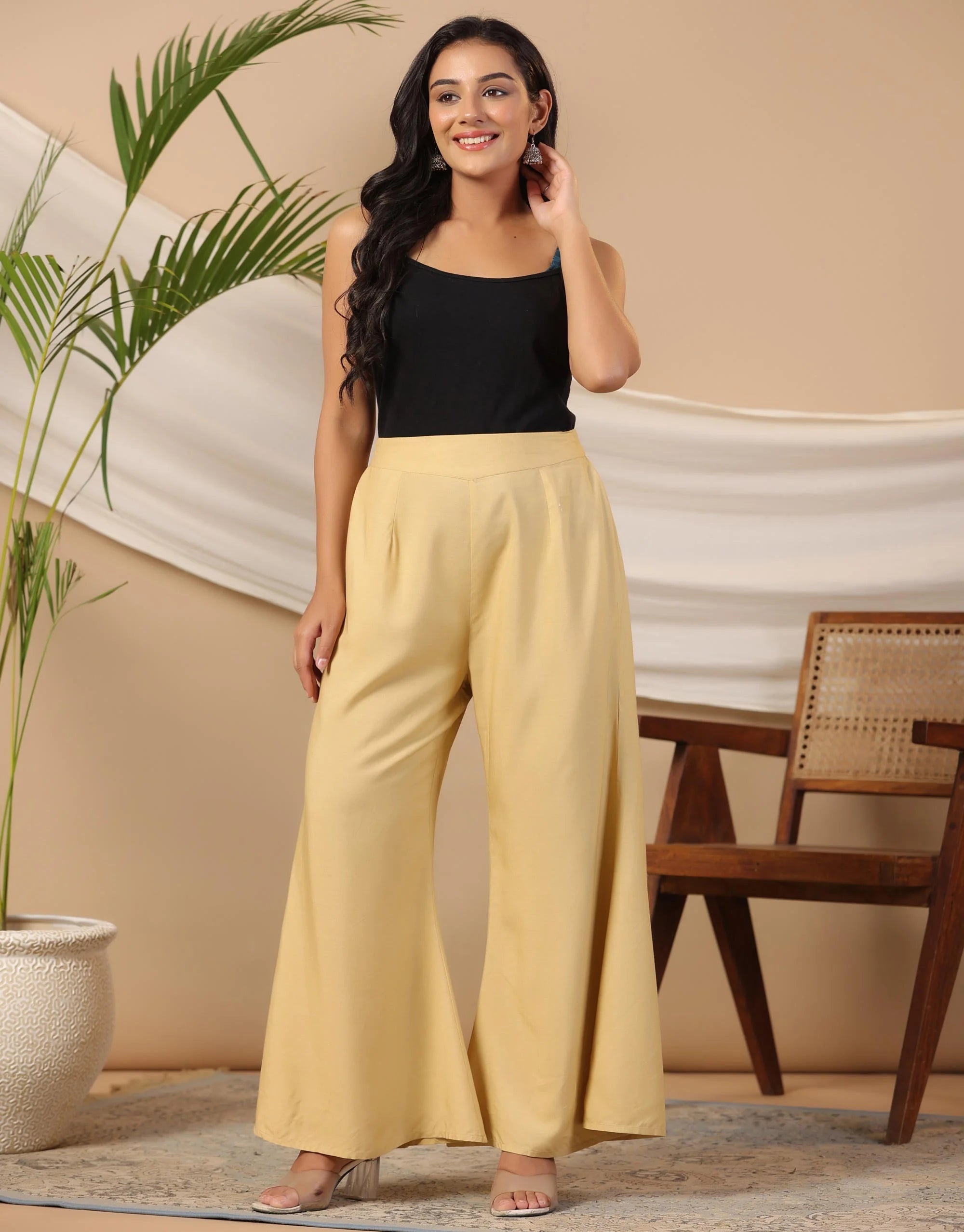 Beige Bell Bottom Palazzo Pants | Women's Rayon Comfort Style