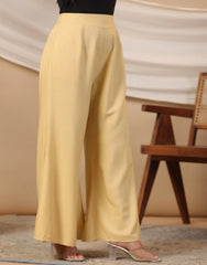 Beige Modal Rayon Women Partially Elasticated Bell Bottom Pants With Single Side Pocket-S4303GOLD