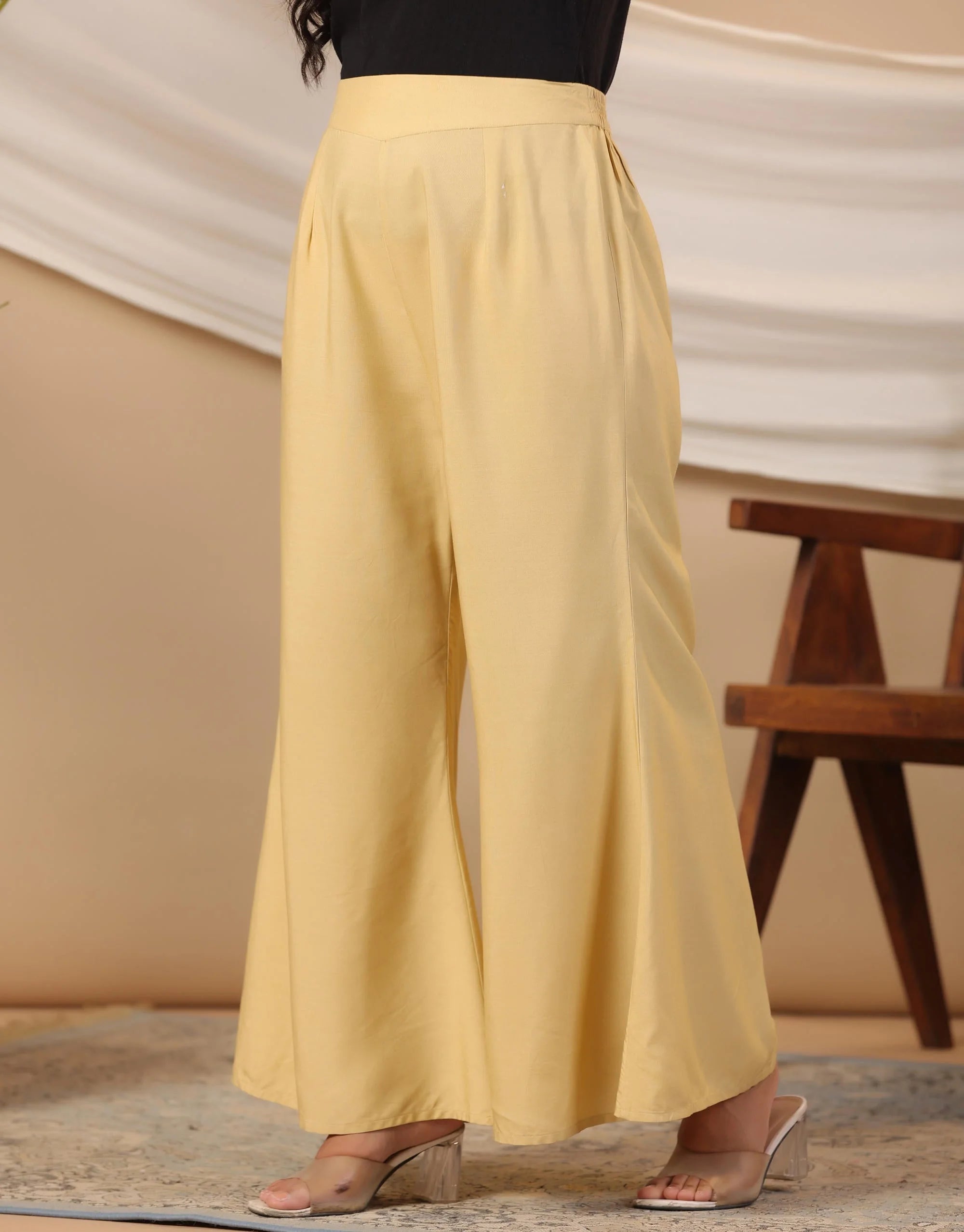 Beige Bell Bottom Palazzo Pants | Women's Rayon Comfort Style