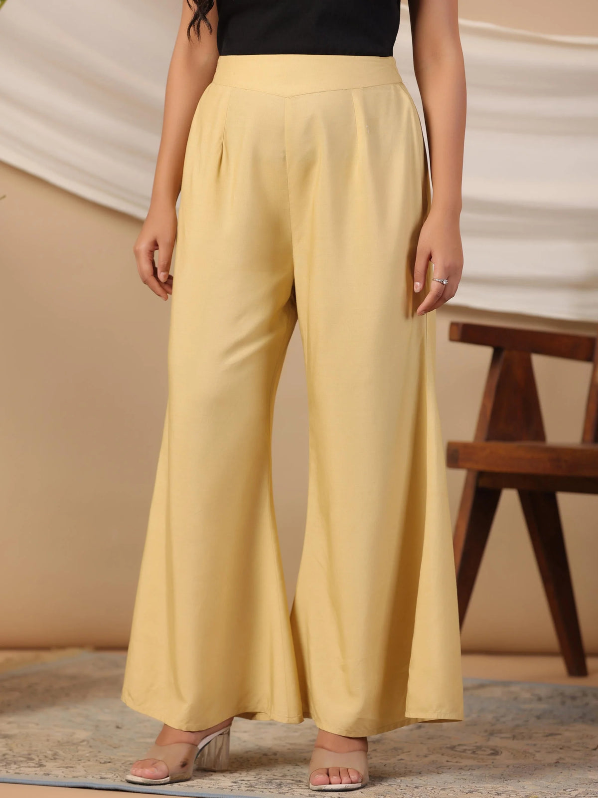 Beige Modal Rayon Women Partially Elasticated Bell Bottom Pants With Single Side Pocket-S4303GOLD