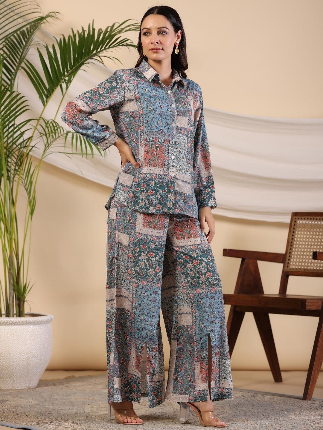 The Ornamental Blooms Women Silk Floral Printed Blue Shirt With Pants 