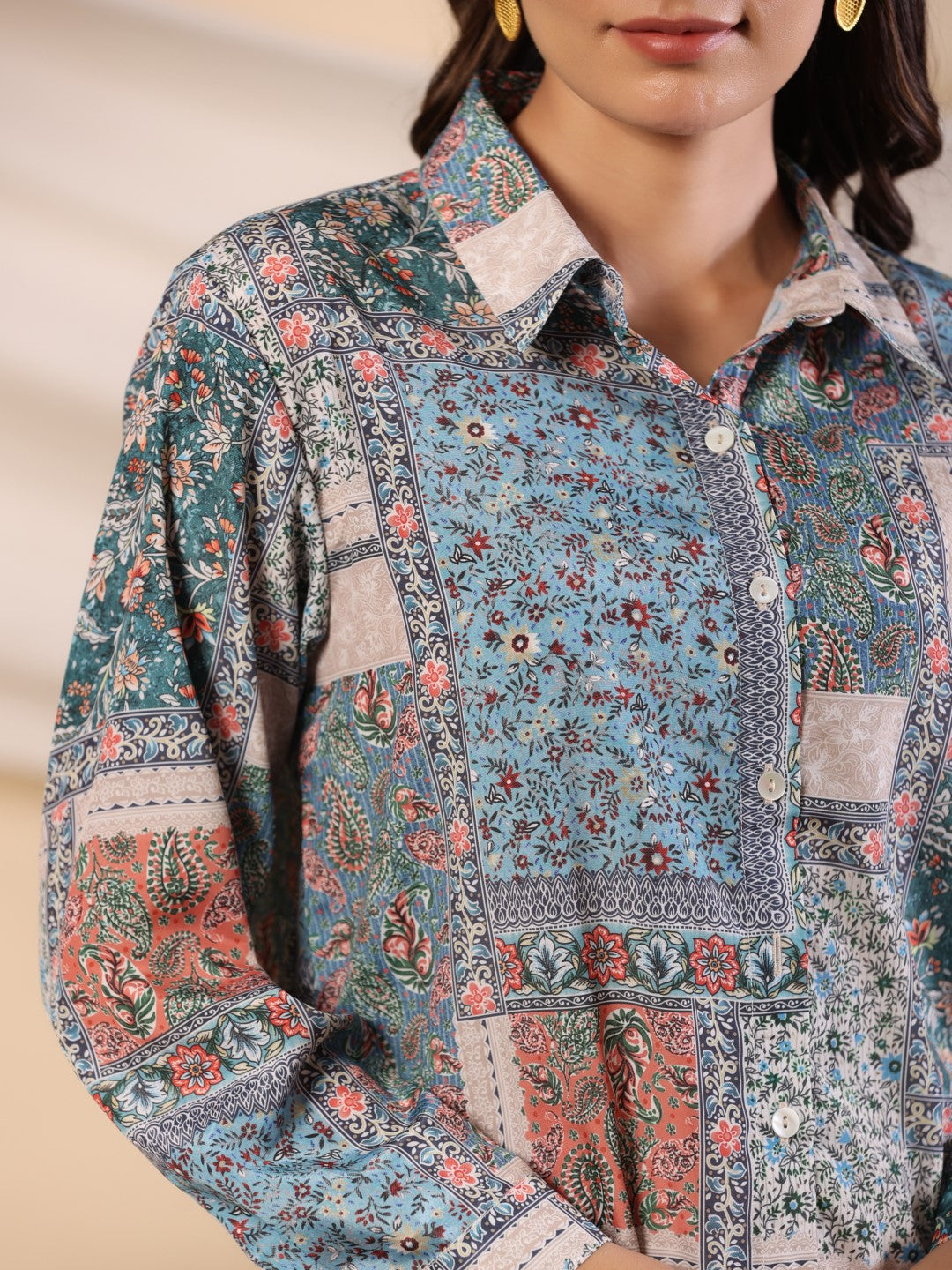 The Ornamental Blooms Women Silk Floral Printed Blue Shirt With Pants 