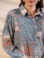Juniper The Ornamental Blooms Women Silk Floral Printed Blue Shirt With Pants Co-Ord Set