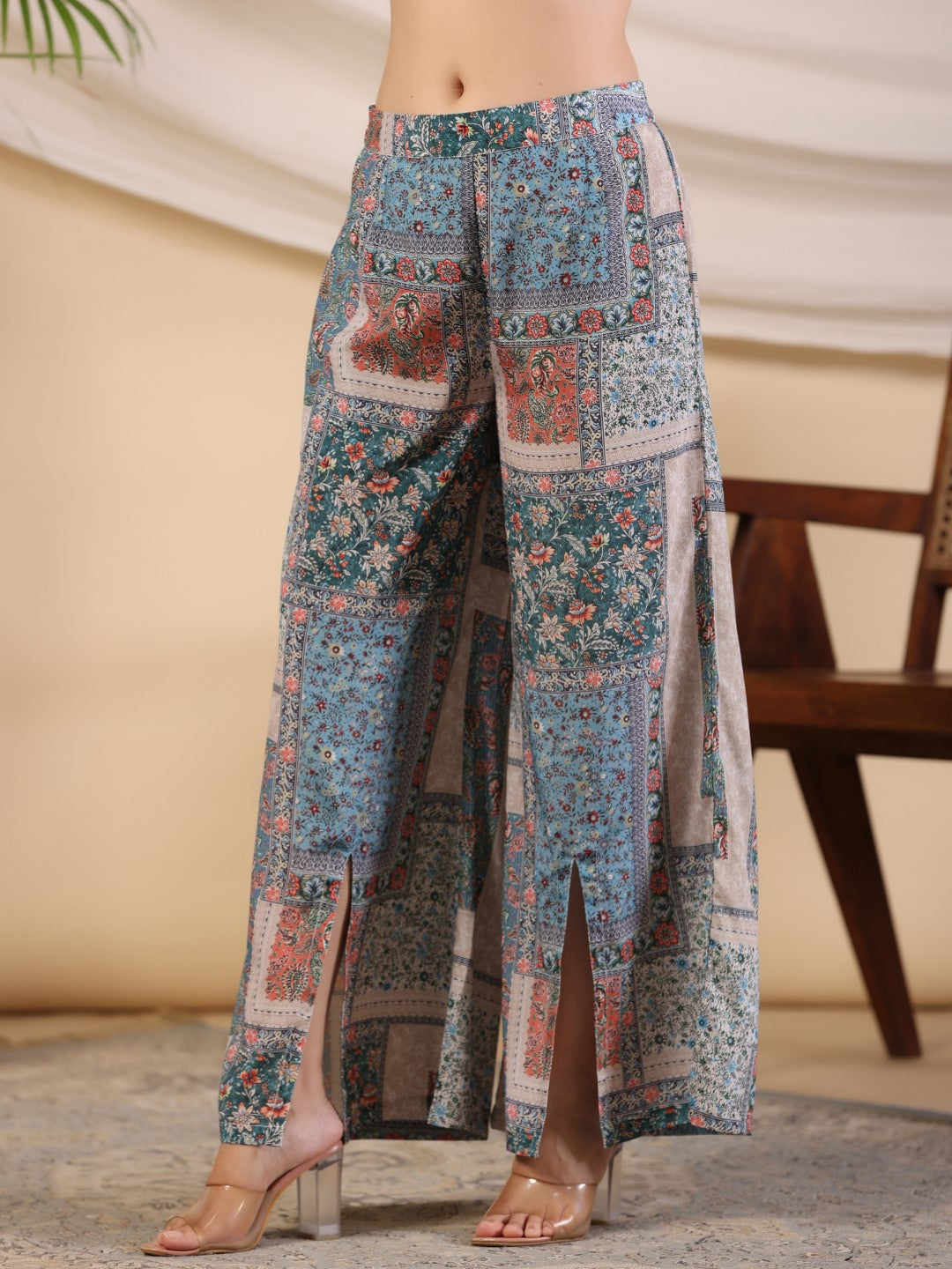 The Ornamental Blooms Women Silk Floral Printed Blue Shirt With Pants 