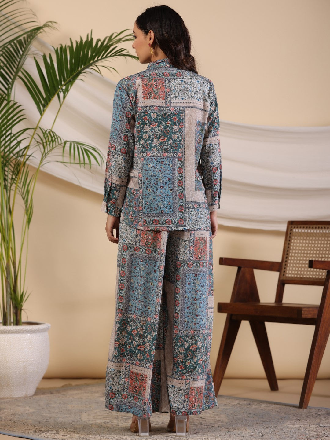 The Ornamental Blooms Women Silk Floral Printed Blue Shirt With Pants 