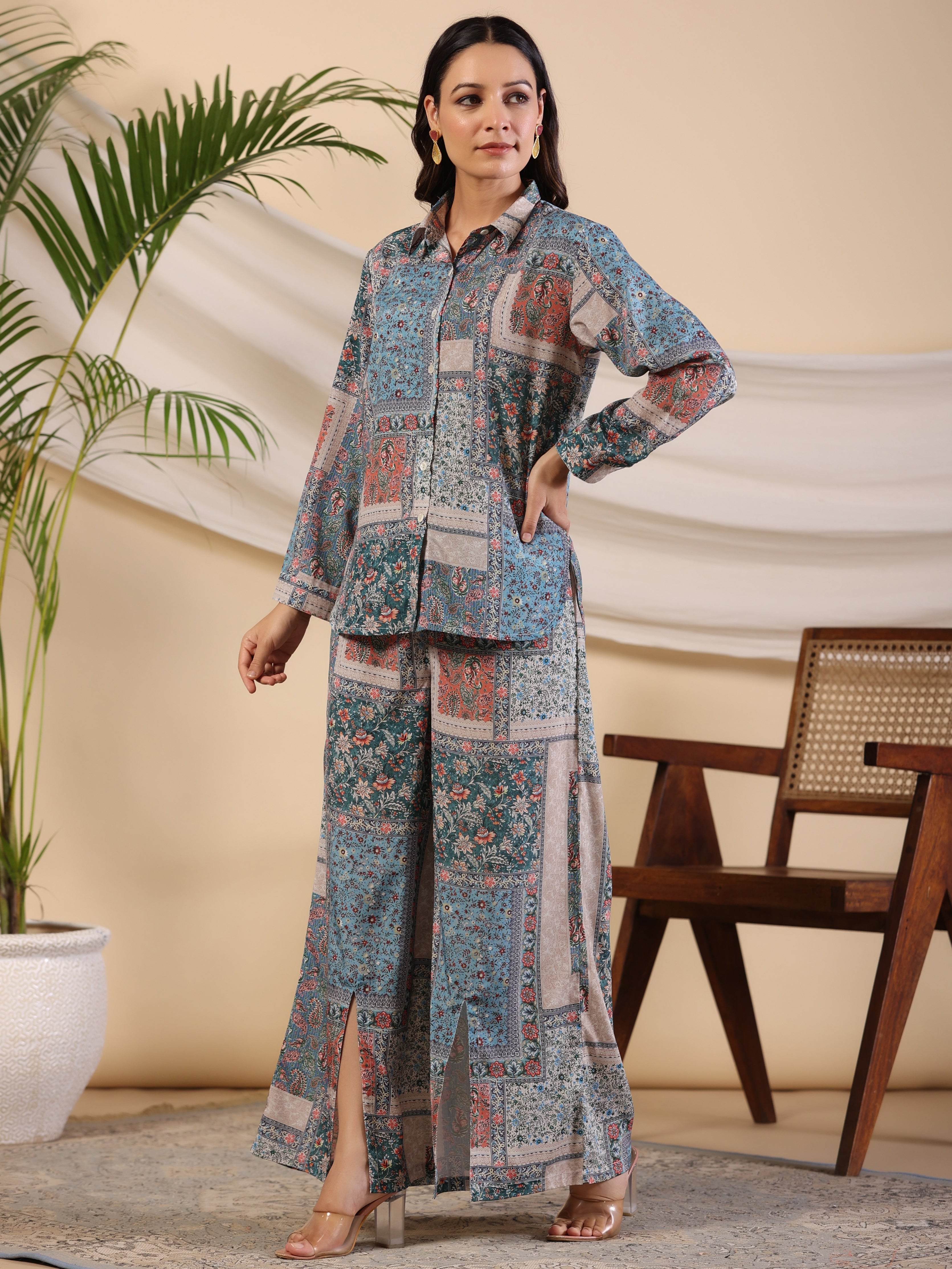 The Ornamental Blooms Women Silk Floral Printed Blue Shirt With Pants 