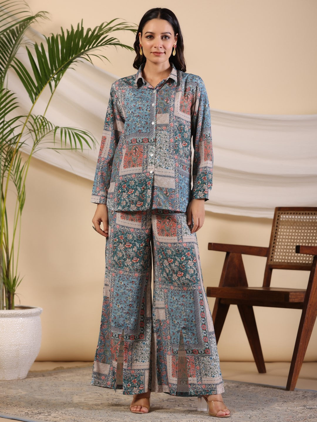 The Ornamental Blooms Women Silk Floral Printed Blue Shirt With Pants 