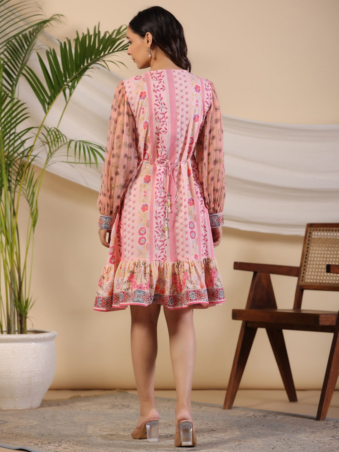 Pink Wonderland Floral Printed Pure Cotton Midi Dress With Pintucks & 