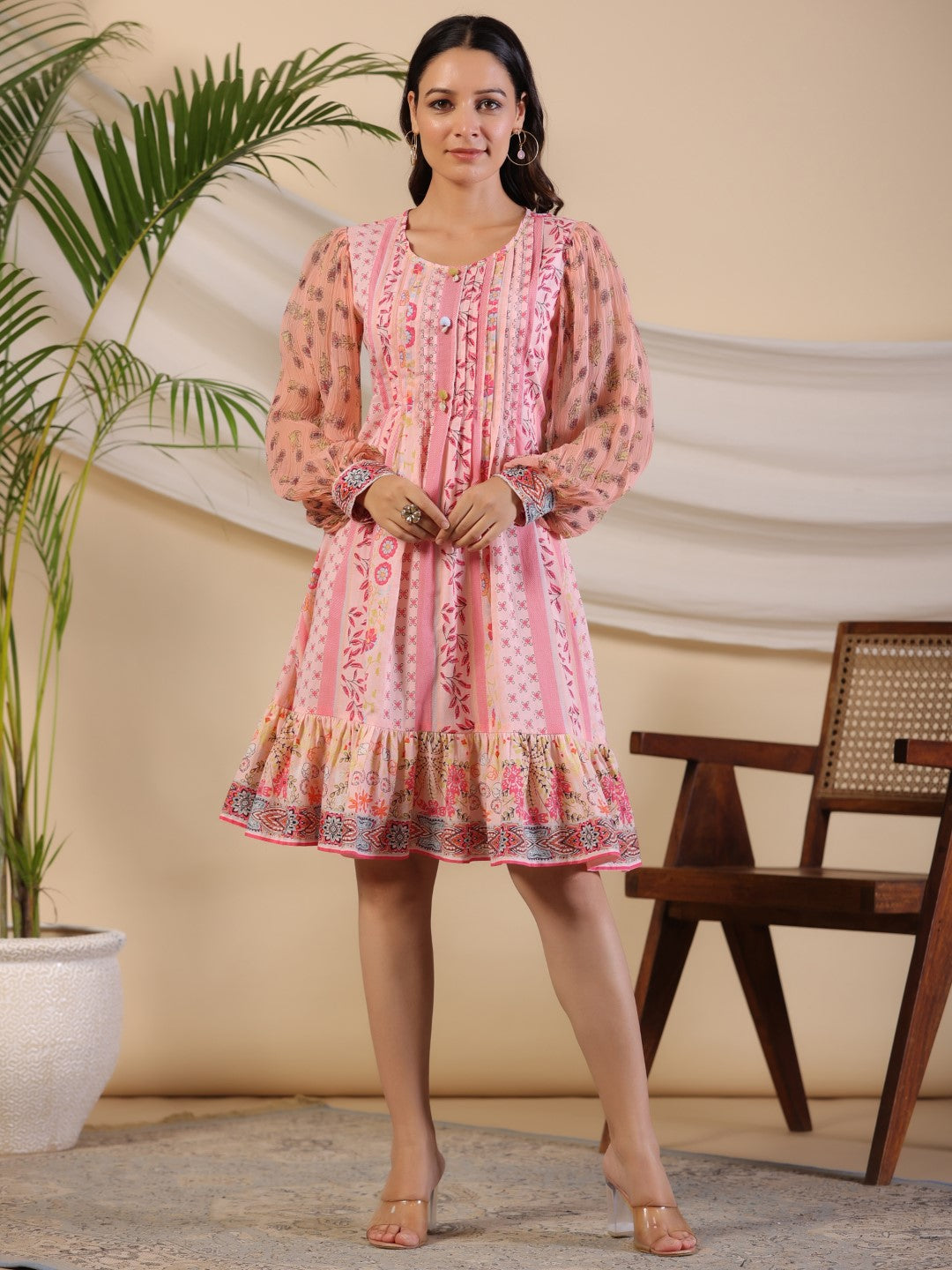 Pink Wonderland Floral Printed Pure Cotton Midi Dress With Pintucks & 