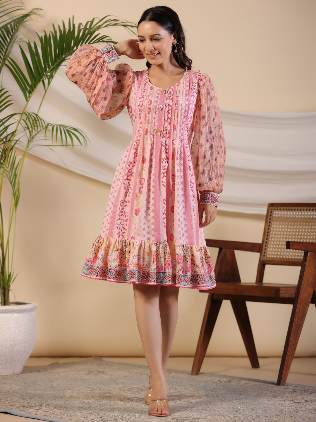 Pink Wonderland Floral Printed Pure Cotton Midi Dress With Pintucks & 