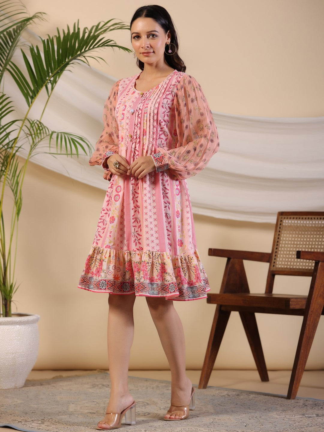 Pink Wonderland Floral Printed Pure Cotton Midi Dress With Pintucks & 