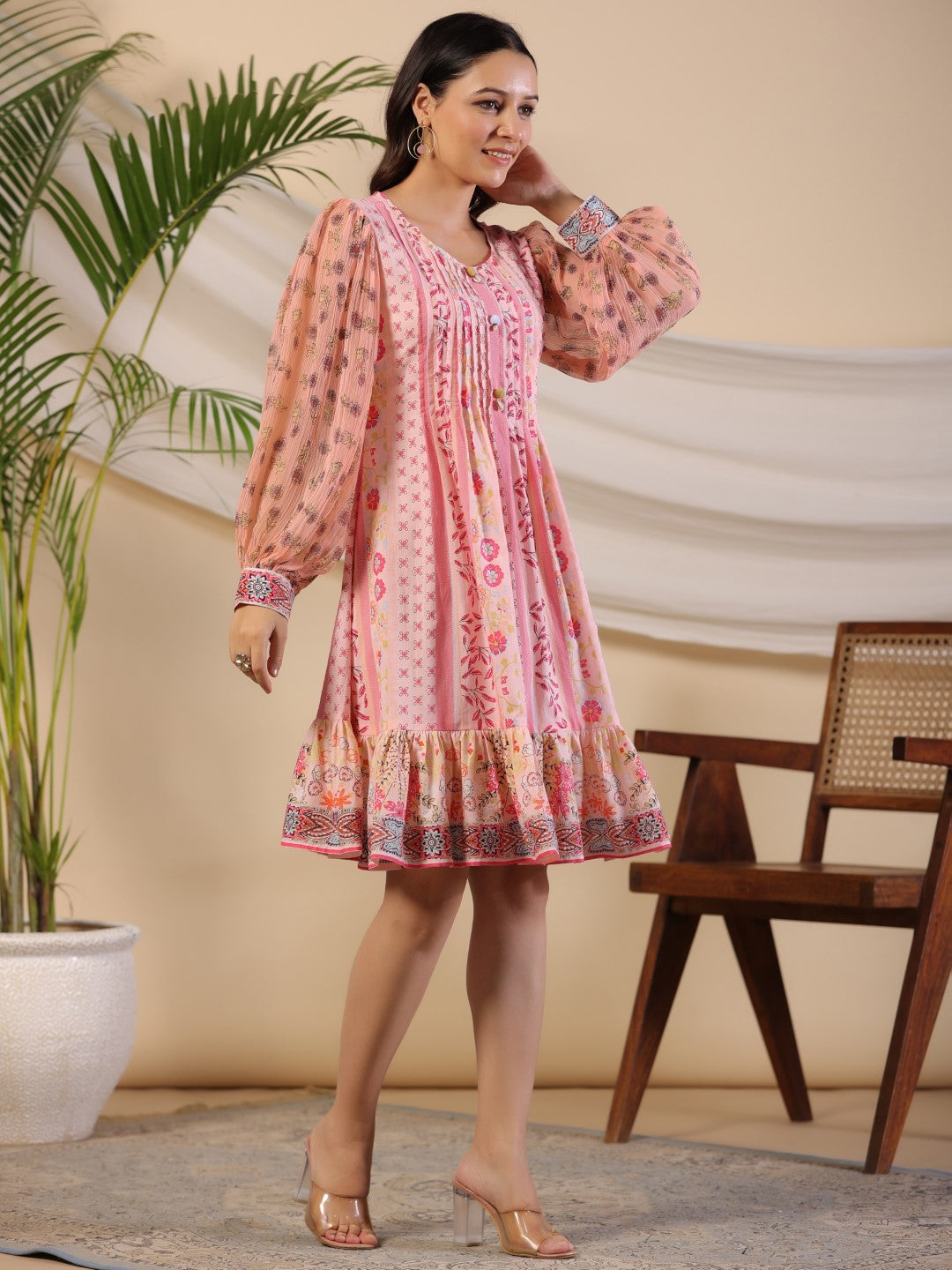 Pink Wonderland Floral Printed Pure Cotton Midi Dress With Pintucks & 