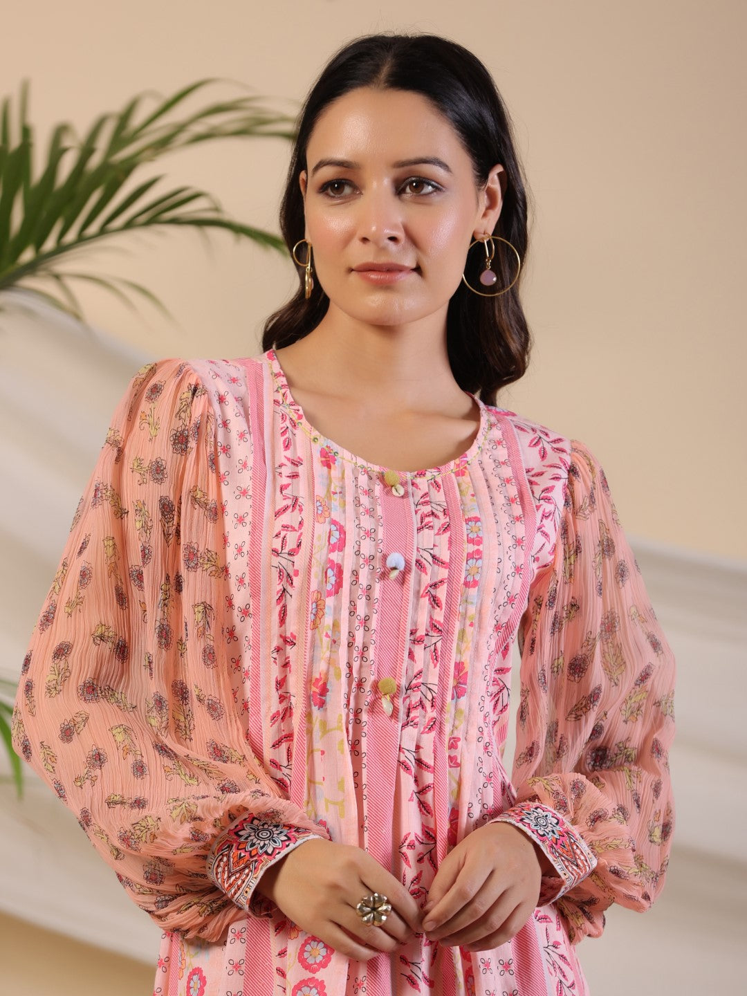 Pink Wonderland Floral Printed Pure Cotton Midi Dress With Pintucks & 
