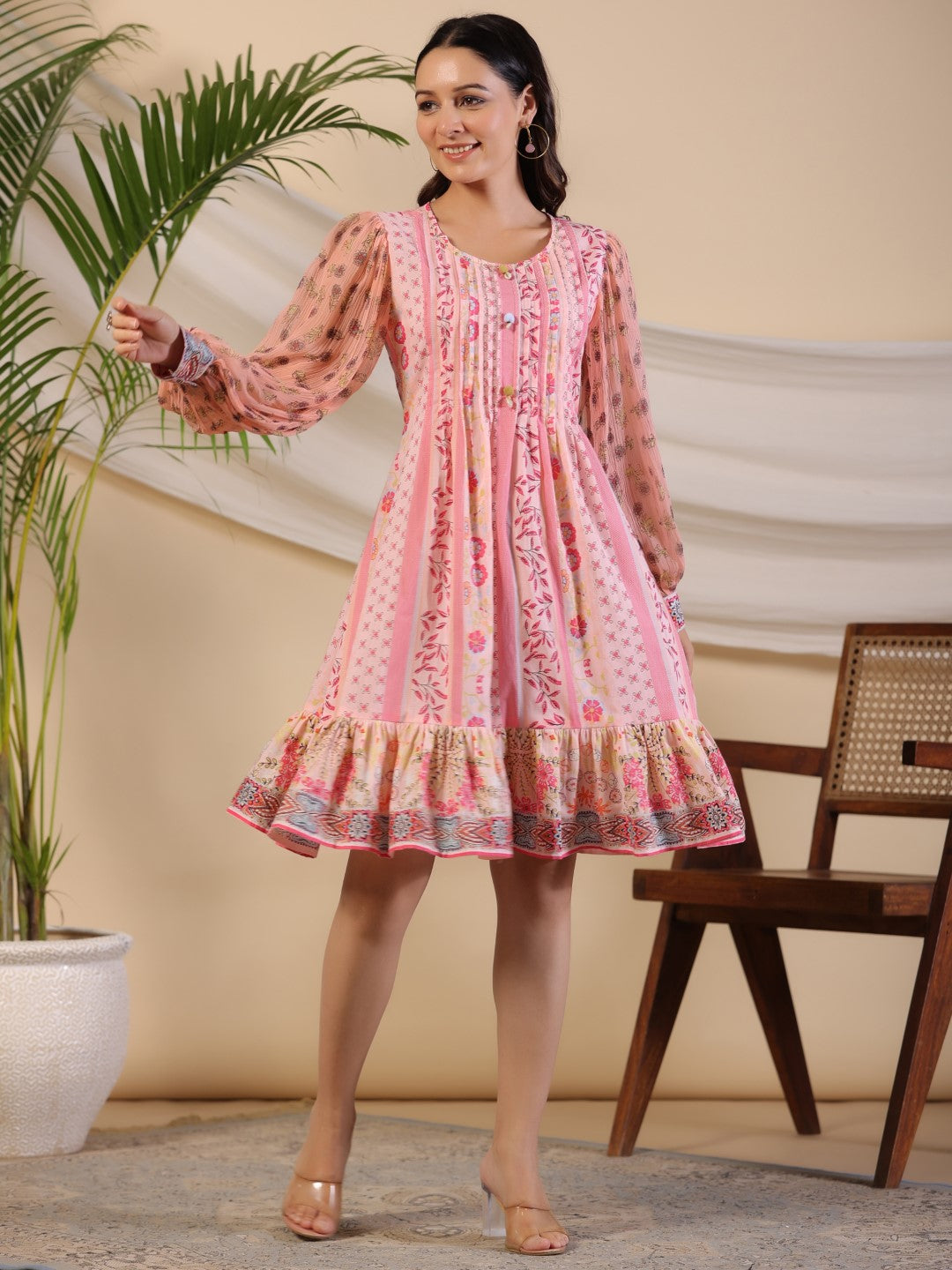 Pink Wonderland Floral Printed Pure Cotton Midi Dress With Pintucks & 