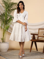 Juniper White Pure Cotton Alia Cut Mirror Work Tiered Midi Dress With Lining