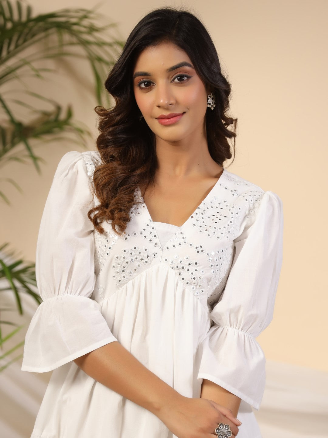 White Pure Cotton Alia Cut Mirror Work Tiered Midi Dress With Lining |