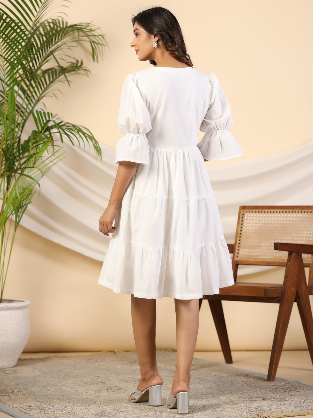 White Pure Cotton Alia Cut Mirror Work Tiered Midi Dress With Lining |
