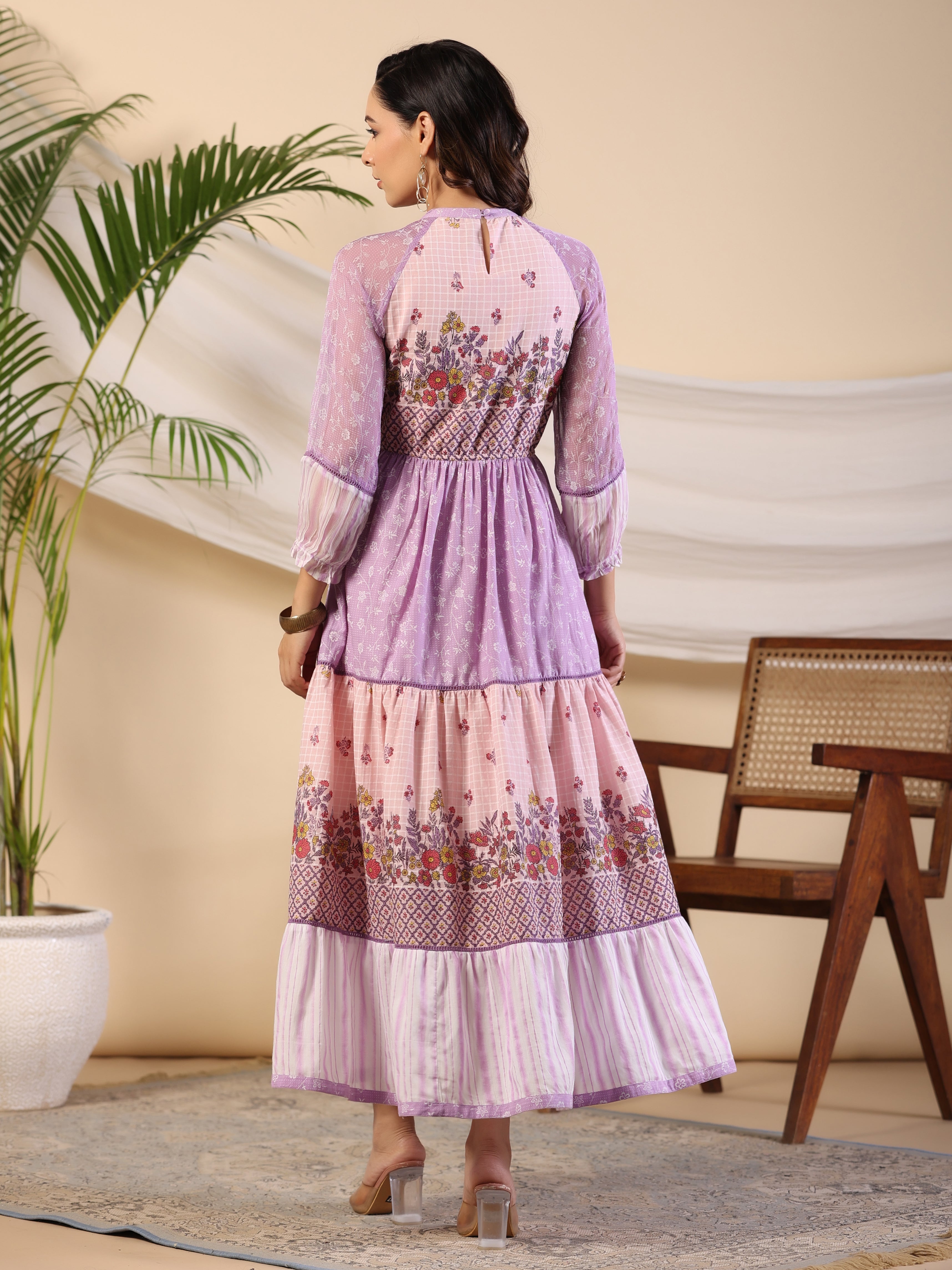 Purple Wonderland Cotton & Chiffon Floral Printed Tiered Maxi Dress Wi
