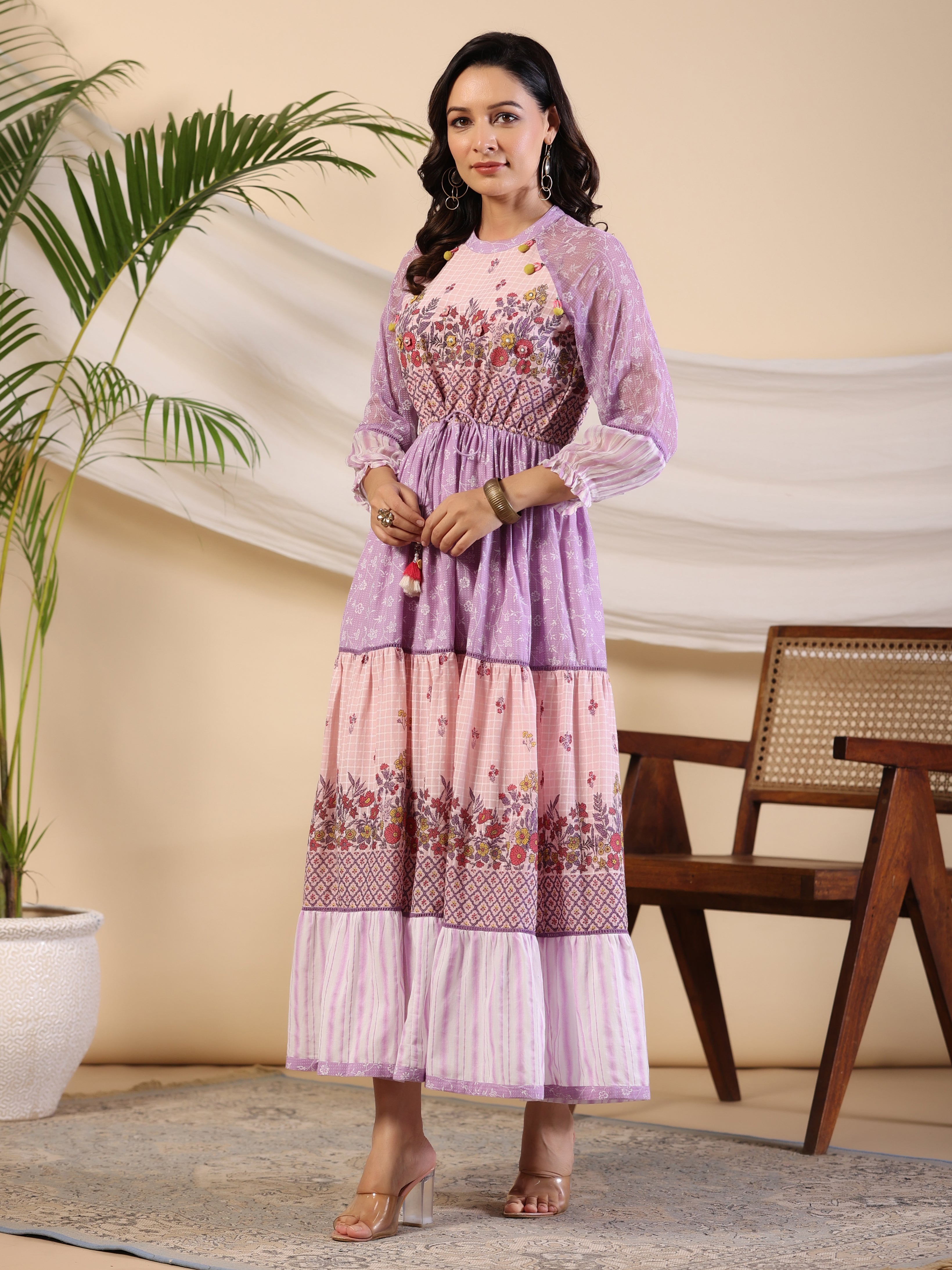 Purple Wonderland Cotton & Chiffon Floral Printed Tiered Maxi Dress Wi