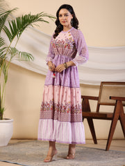 Juniper Purple Wonderland Cotton & Chiffon Floral Printed Tiered Maxi Dress With Lace & 3D Handwork