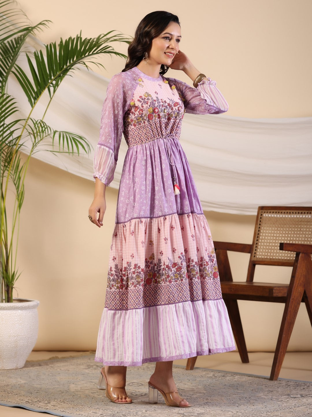 Purple Wonderland Cotton & Chiffon Floral Printed Tiered Maxi Dress Wi