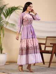 Juniper Purple Wonderland Cotton & Chiffon Floral Printed Tiered Maxi Dress With Lace & 3D Handwork
