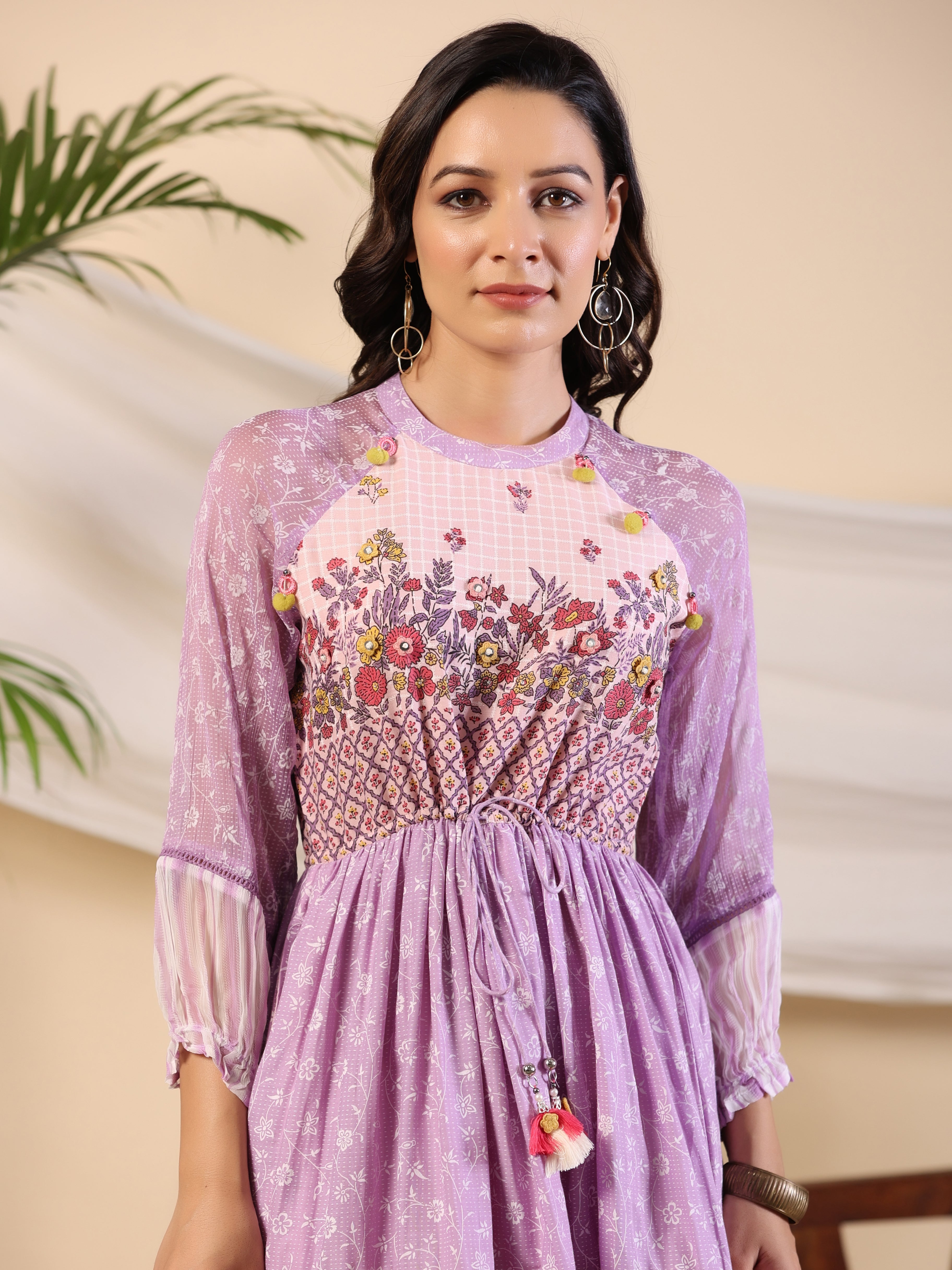 Purple Wonderland Cotton & Chiffon Floral Printed Tiered Maxi Dress Wi