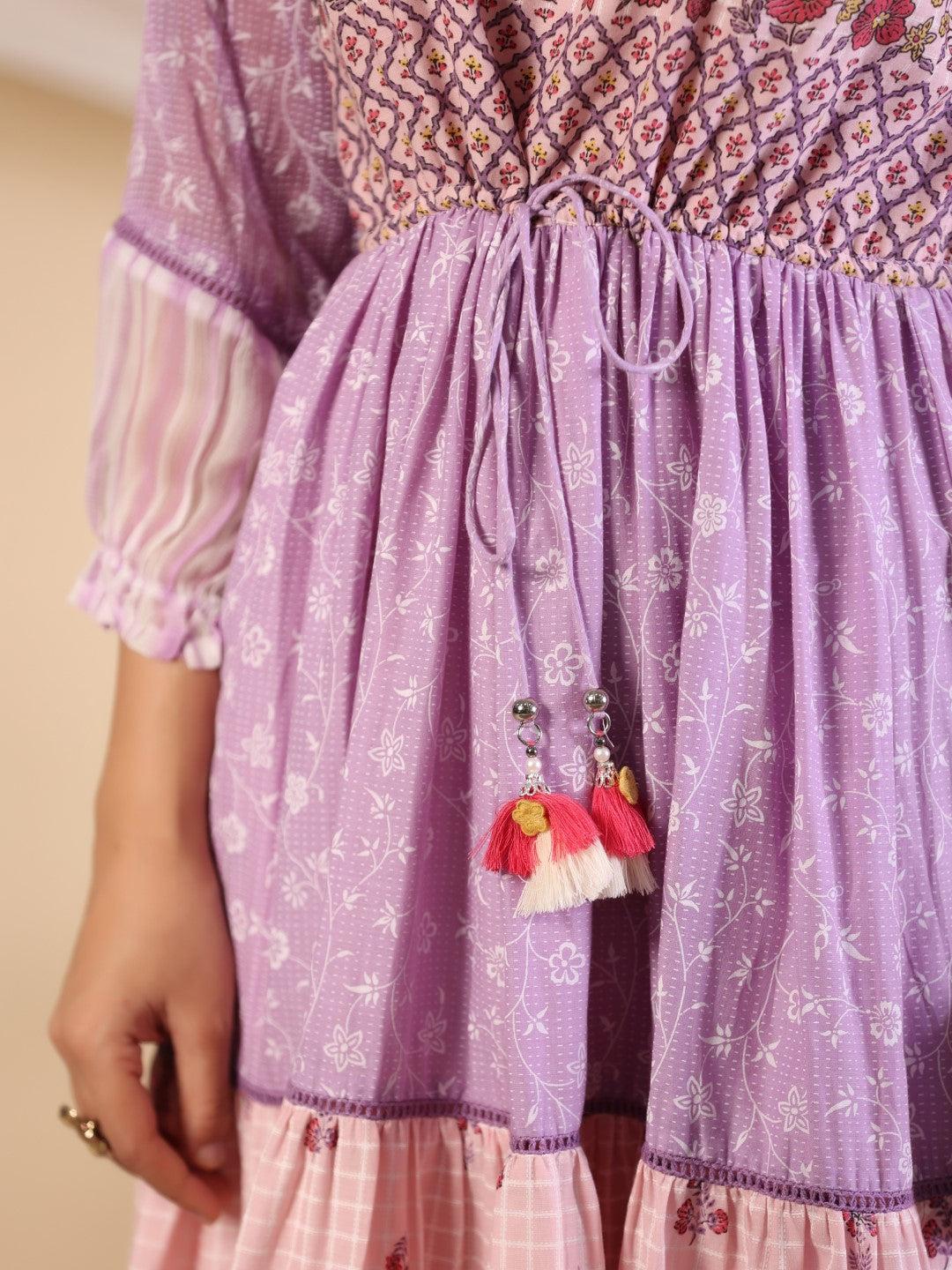 Purple Wonderland Cotton & Chiffon Floral Printed Tiered Maxi Dress Wi