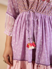 Juniper Purple Wonderland Cotton & Chiffon Floral Printed Tiered Maxi Dress With Lace & 3D Handwork