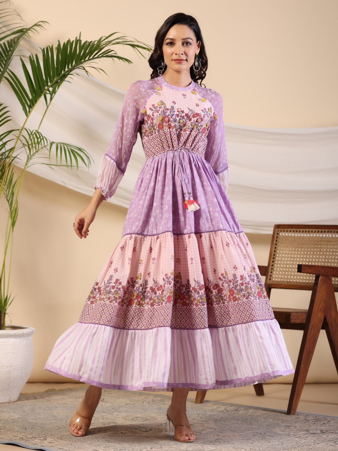 Purple Wonderland Cotton & Chiffon Floral Printed Tiered Maxi Dress Wi