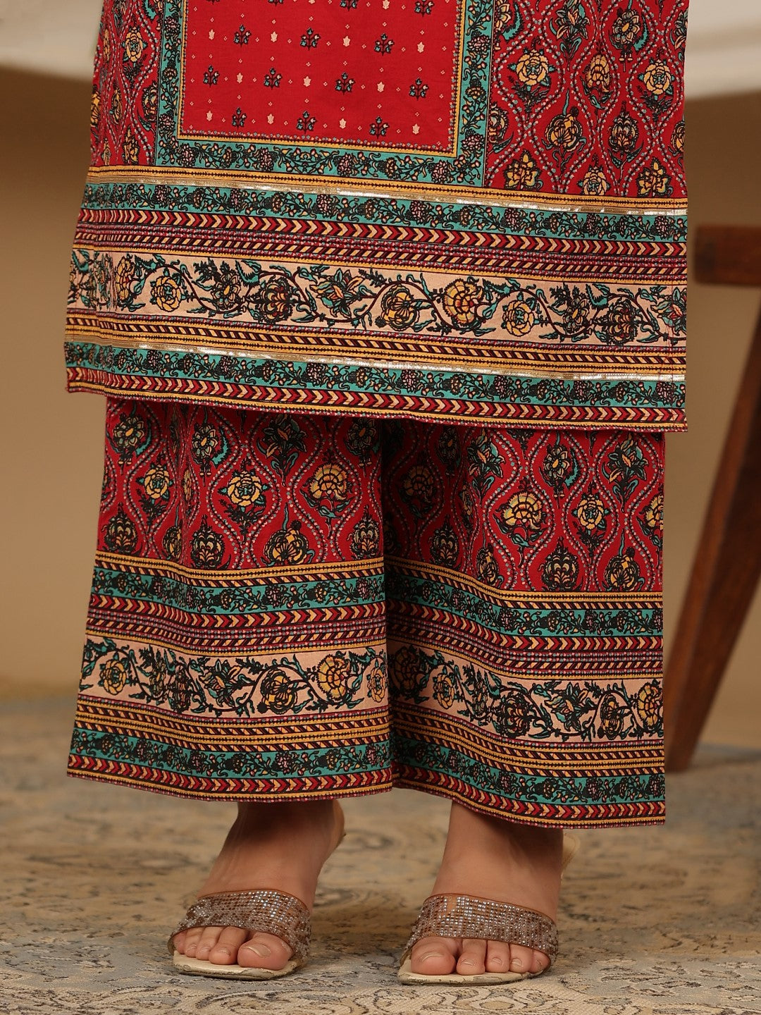 Red Madhubala Pure Cotton Ethnic Motif Printed Laced Kurta With Palazz