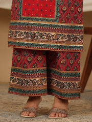 Juniper Red Madhubala Pure Cotton Ethnic Motif Printed Laced Kurta With Palazzo & Dupatta (3-Pcs)