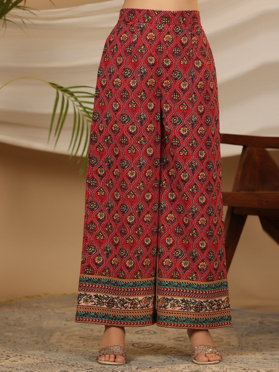 Red Madhubala Pure Cotton Ethnic Motif Printed Laced Kurta With Palazz