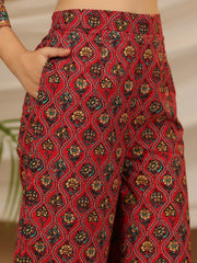 Juniper Red Madhubala Pure Cotton Ethnic Motif Printed Laced Kurta With Palazzo & Dupatta (3-Pcs)