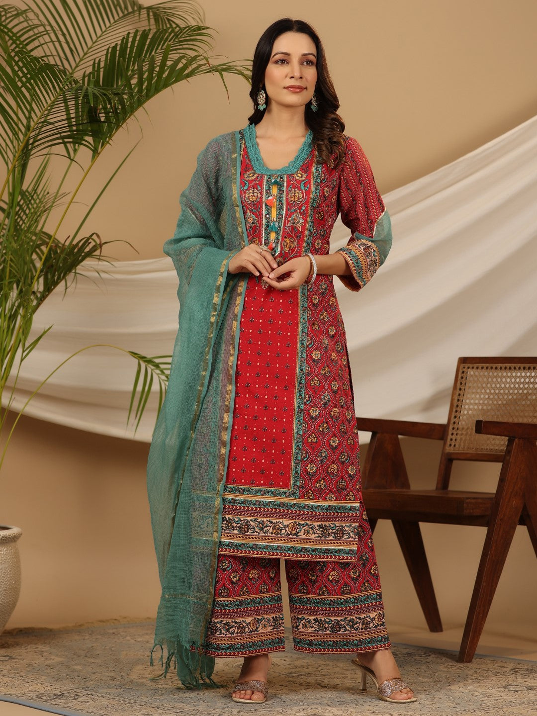 Red Madhubala Pure Cotton Ethnic Motif Printed Laced Kurta With Palazz