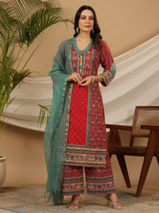Juniper Red Madhubala Pure Cotton Ethnic Motif Printed Laced Kurta With Palazzo & Dupatta (3-Pcs)