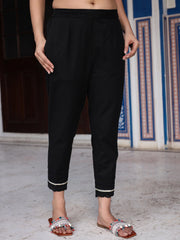 Black Solid Cotton Women Slim Fit Laced Pants With Single Side Pocket & Drawstring-S4333BLACK