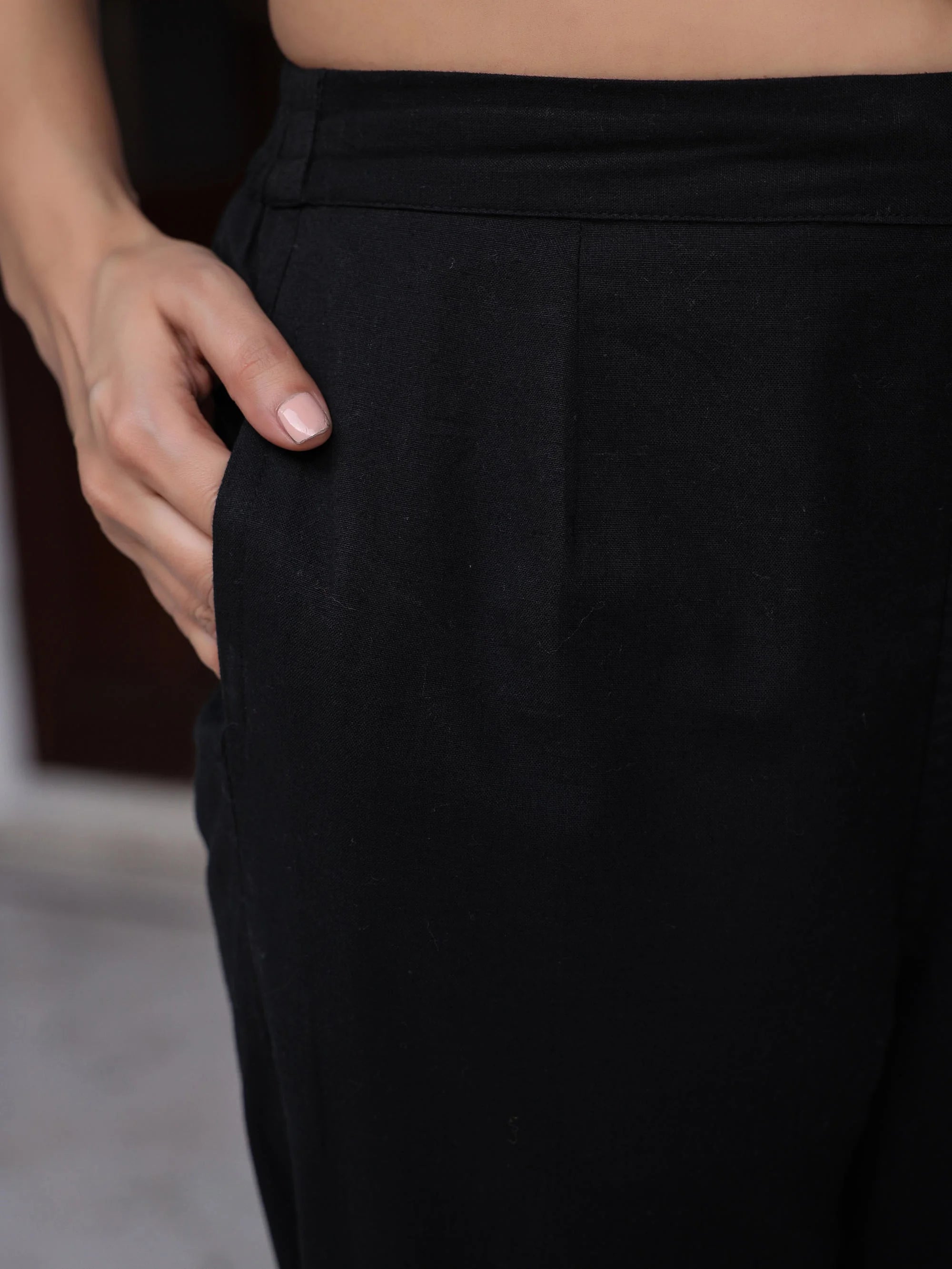 Black Cotton Women's Lace Pants | Slim Fit with Pocket Detail