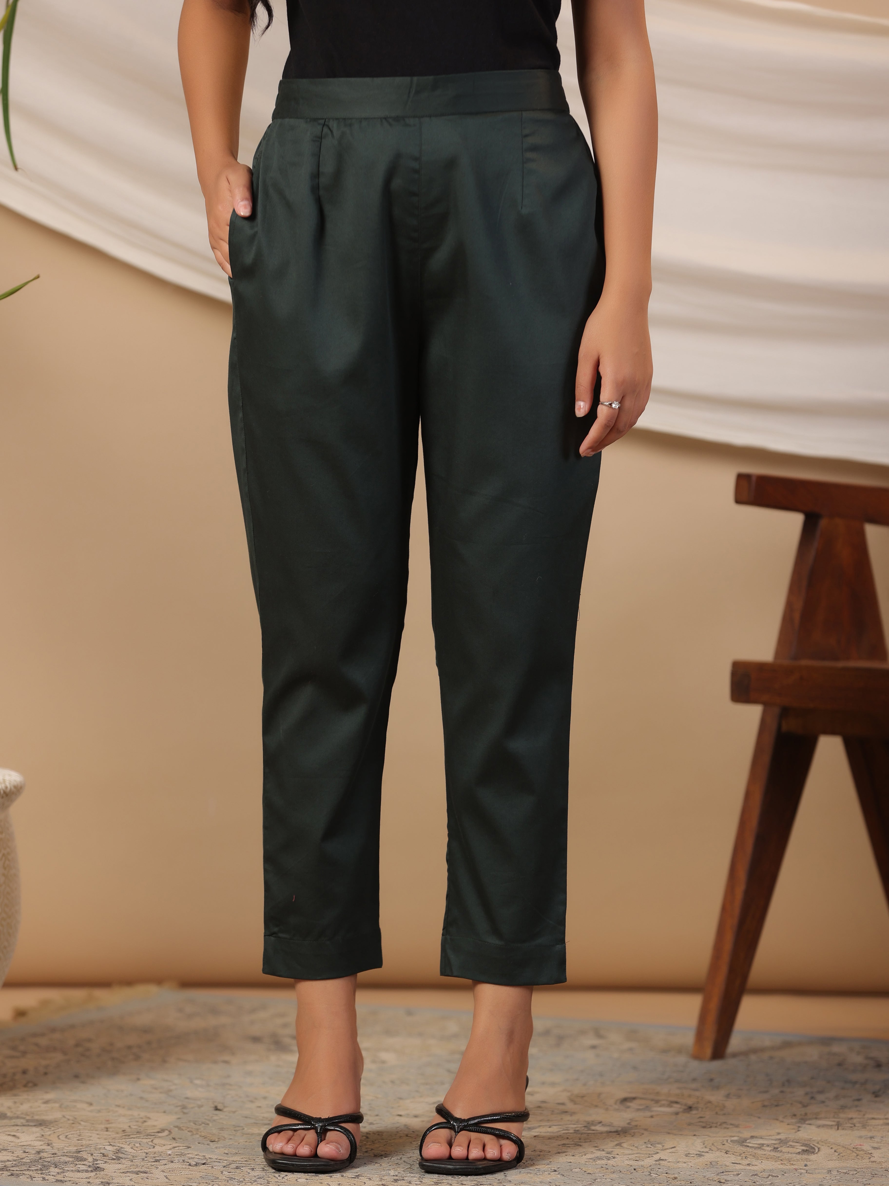 Jade Green Solid Lycra Women Drawstring Pants With Single Side Pocket 