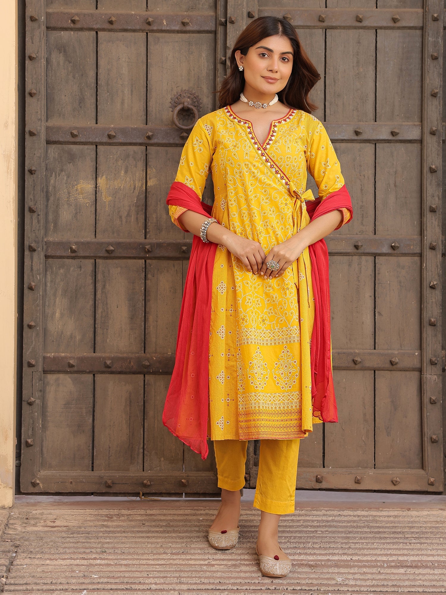 Mustard Bandhani Print Angrakha Cotton Kurta With Pants & Dupatta Set 