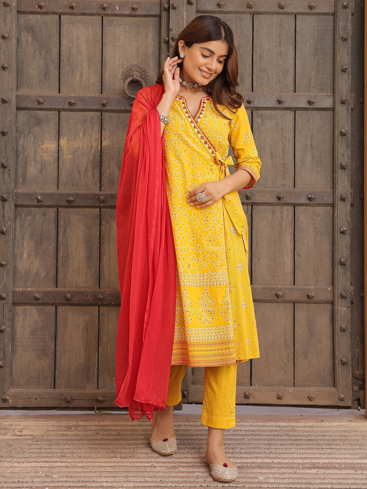 Mustard Bandhani Print Angrakha Cotton Kurta With Pants & Dupatta Set 
