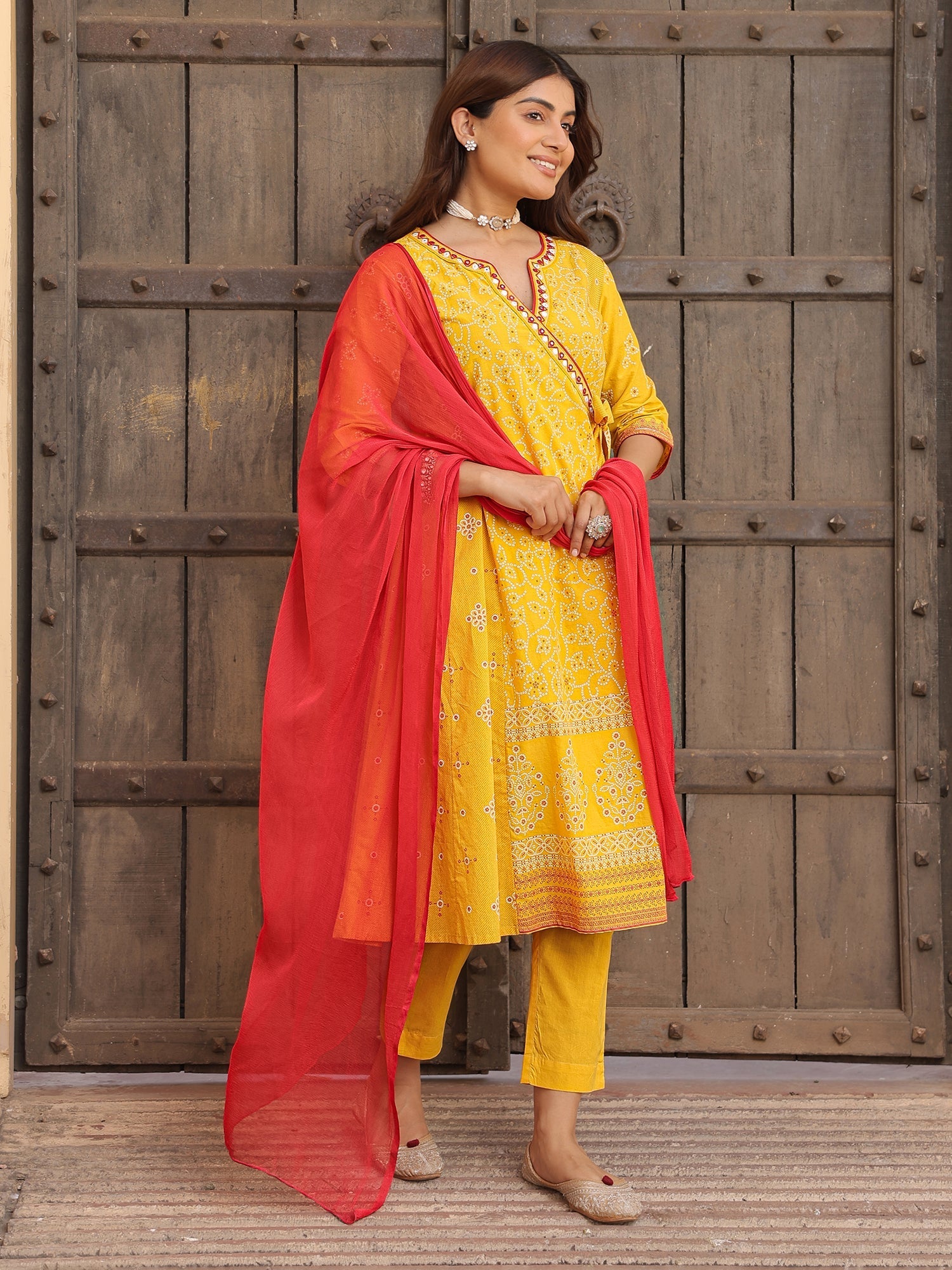 Mustard Bandhani Print Angrakha Cotton Kurta With Pants & Dupatta Set 